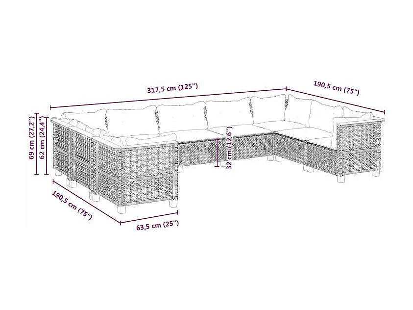 Salon de jardin 9 pcs avec coussins noir résine tressée