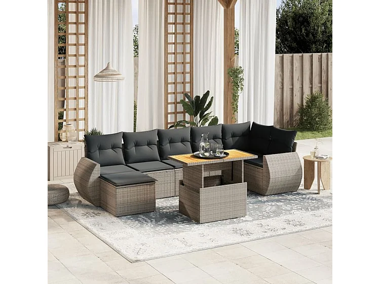 Salon de jardin 8 pcs avec coussins gris résine tressée