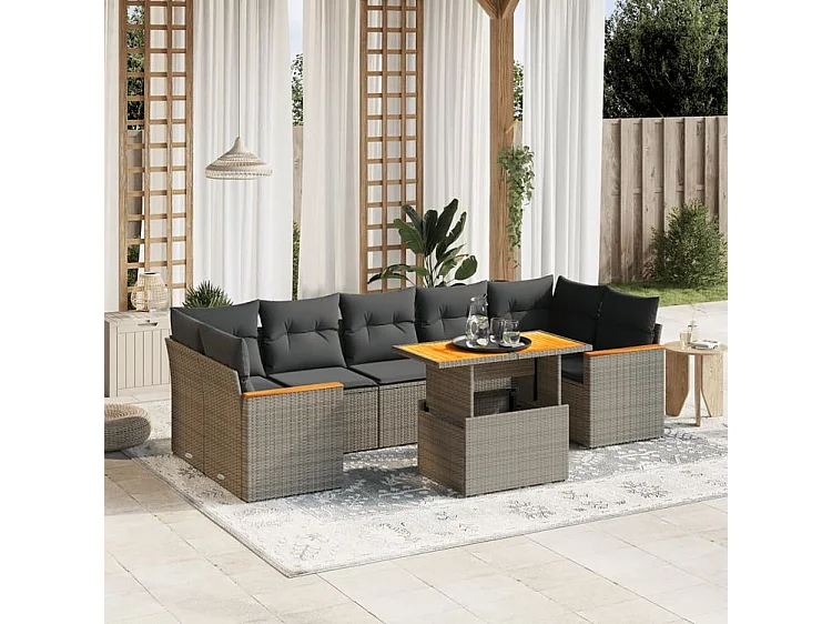 Salon de jardin 8 pcs avec coussins gris résine tressée