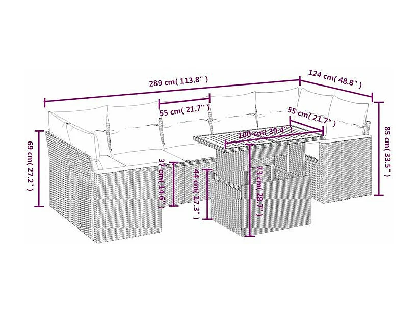 Salon de jardin 8 pcs avec coussins gris résine tressée