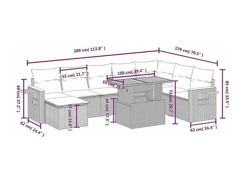 Salon de jardin 8 pcs avec coussins gris résine tressée
