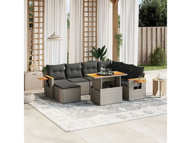 Salon de jardin 8 pcs avec coussins gris résine tressée