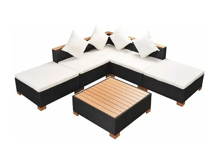 Salon de jardin 6 pièces résine tressée noir coussins blancs Kimberly