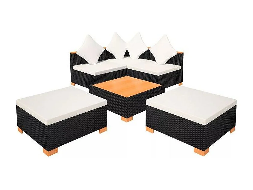 Salon de jardin 6 pièces résine tressée noir coussins blancs Kimberly