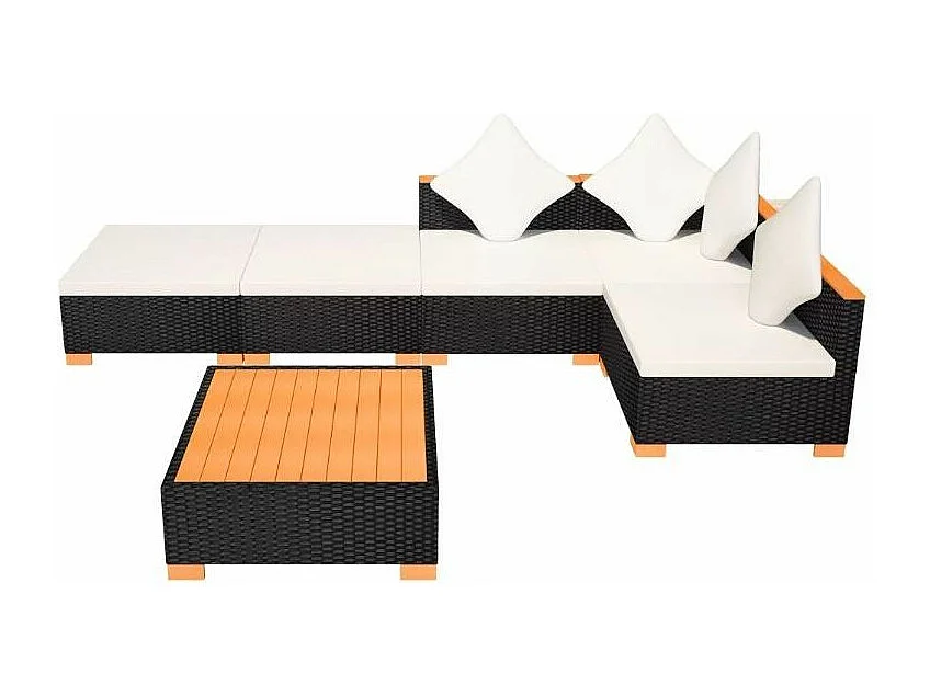 Salon de jardin 6 pièces résine tressée noir coussins blancs Kimberly