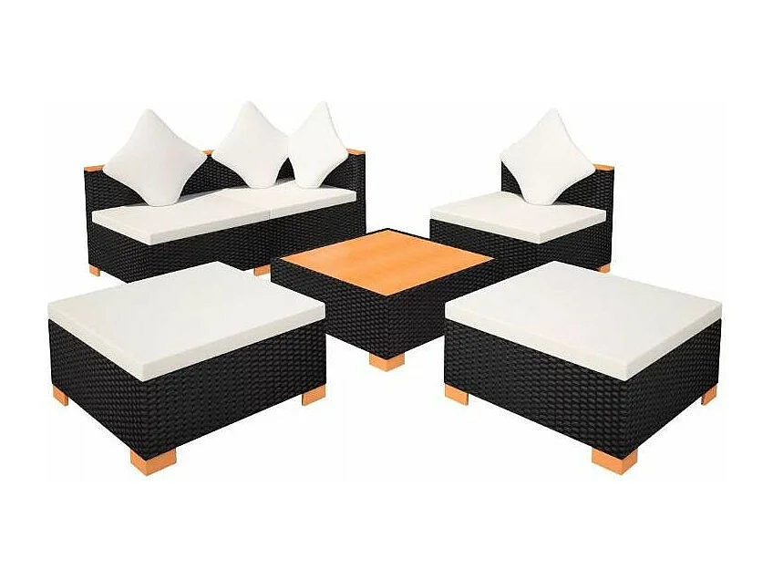 Salon de jardin 6 pièces résine tressée noir coussins blancs Kimberly