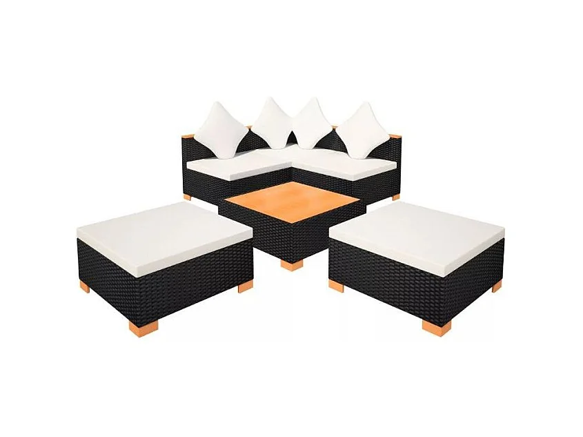 Salon de jardin 6 pièces résine tressée noir coussins blancs Kimberly