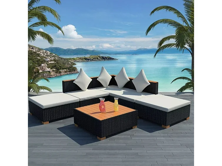 Salon de jardin 6 pièces résine tressée noir coussins blancs Kimberly