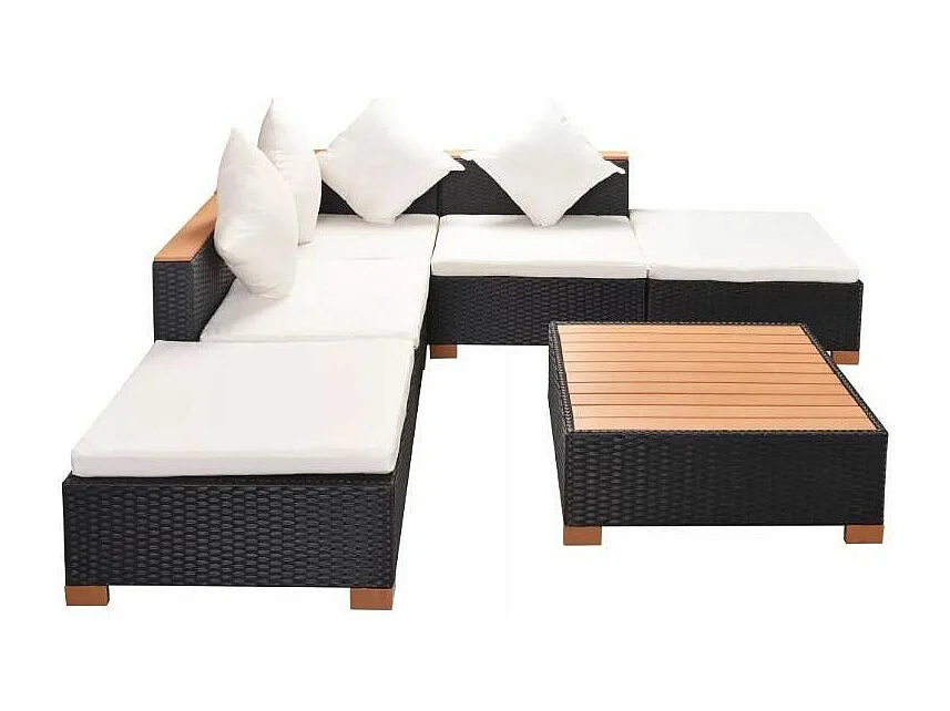 Salon de jardin 6 pièces résine tressée noir coussins blancs Kimberly