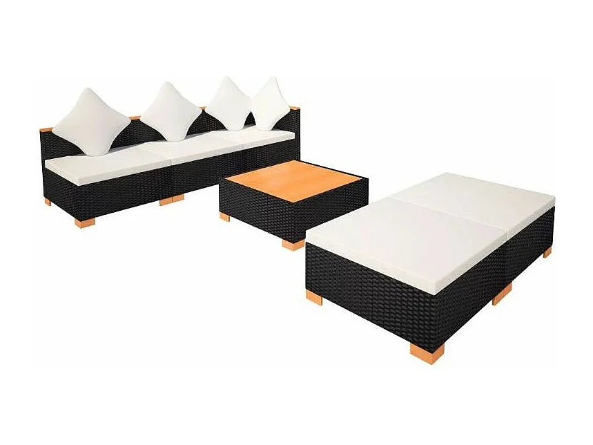 Salon de jardin 6 pièces résine tressée noir coussins blancs Kimberly