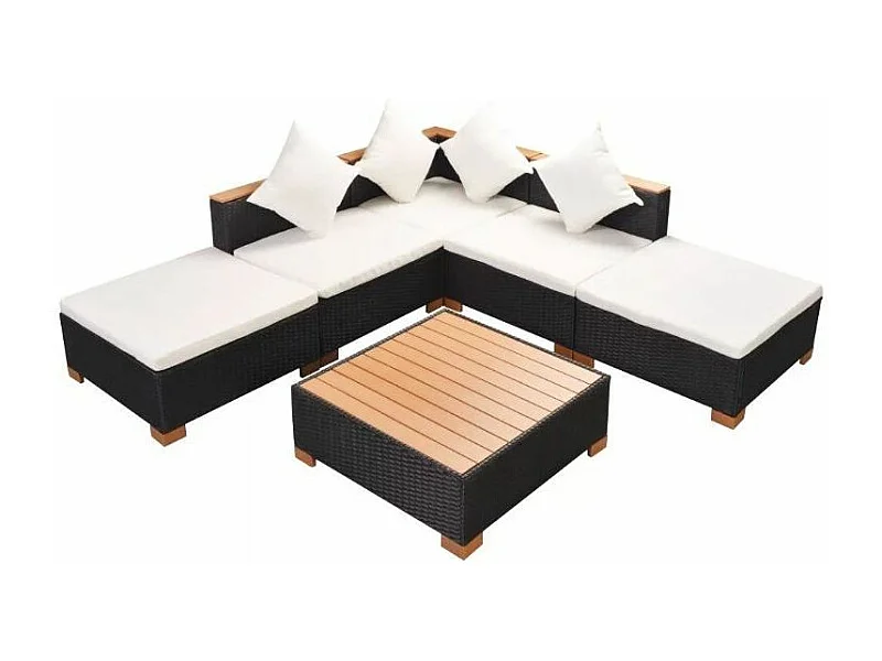 Salon de jardin 6 pièces résine tressée noir coussins blancs Kimberly