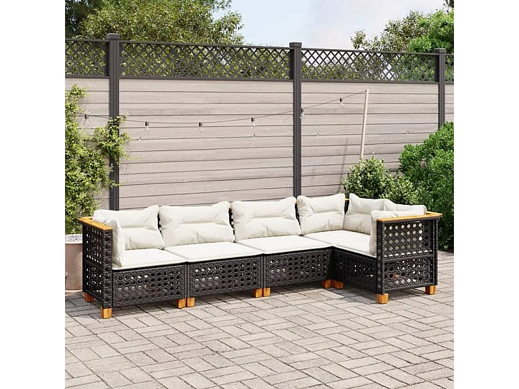 Salon de jardin 5 pcs avec coussins noir résine tressée