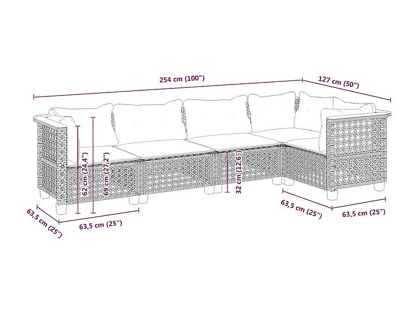 Salon de jardin 5 pcs avec coussins noir résine tressée