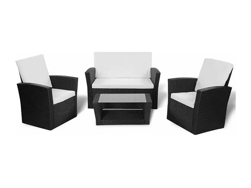 Salon de jardin 4 pièces résine tressée noir et coussins blanc Kim 2