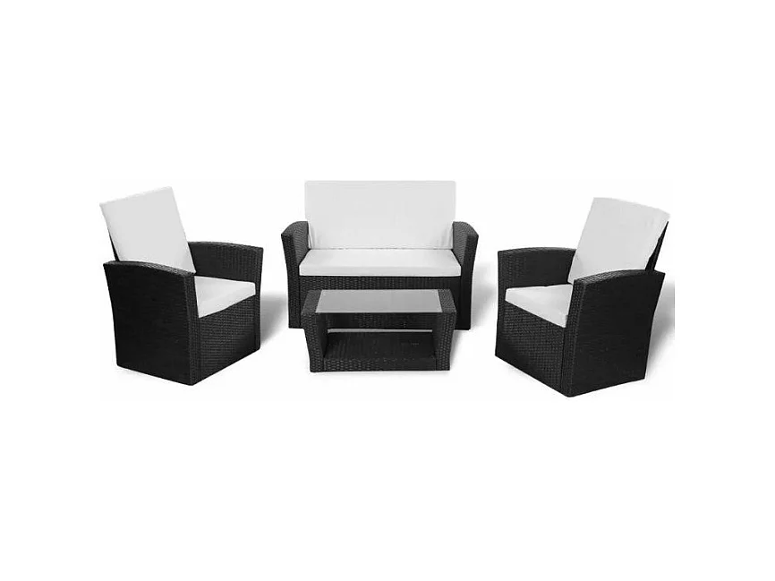 Salon de jardin 4 pièces résine tressée noir et coussins blanc Kim 2