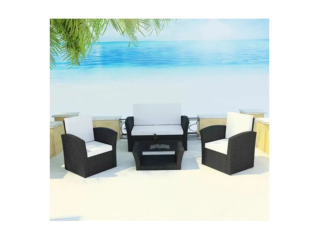 Salon de jardin 4 pièces résine tressée noir et coussins blanc Kim 2