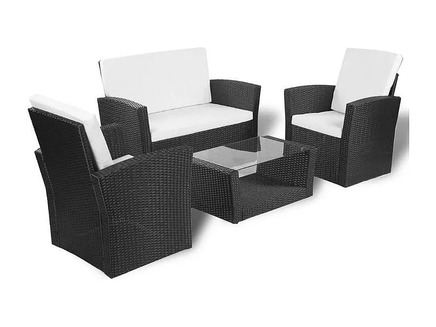 Salon de jardin 4 pièces résine tressée noir et coussins blanc Kim 2