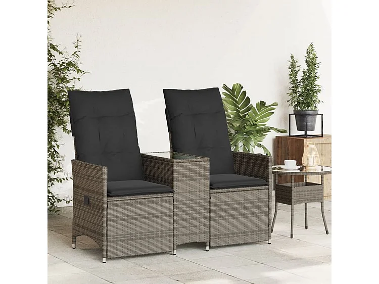 Canapé de jardin inclinable 2 places avec table gris poly rotin