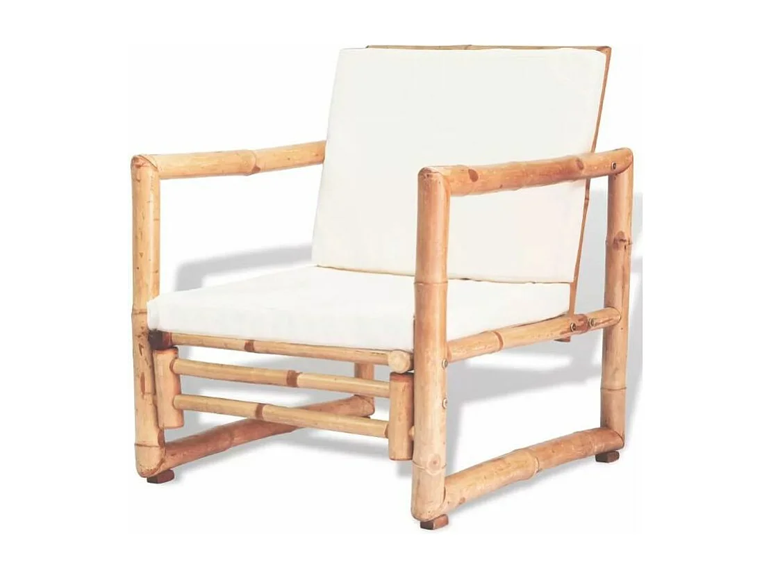 Salon de jardin 1 canapé bambou clair coussins tissu blanc Kyca