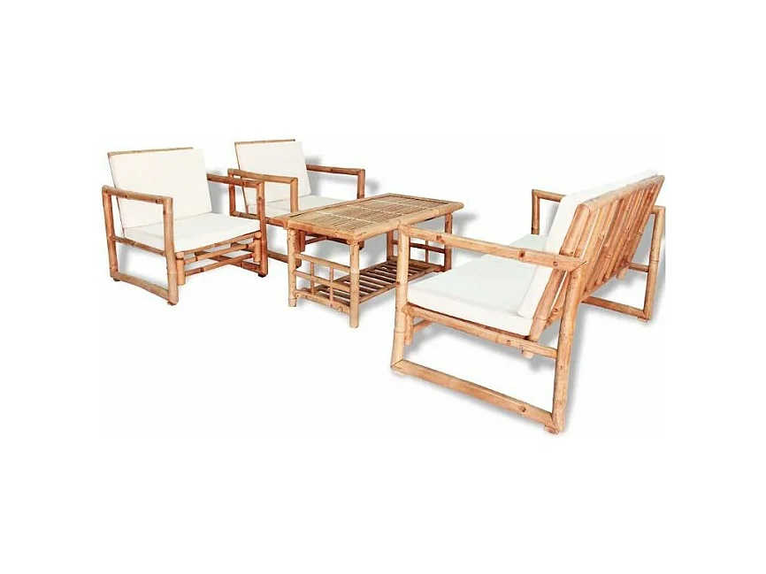 Salon de jardin 1 canapé bambou clair coussins tissu blanc Kyca