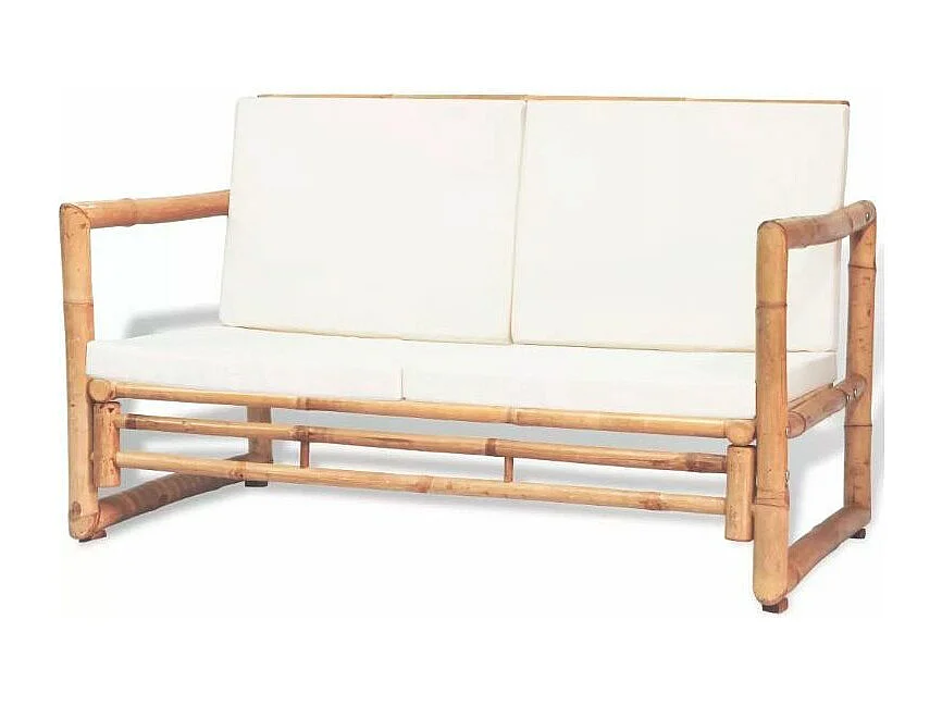 Salon de jardin 1 canapé bambou clair coussins tissu blanc Kyca