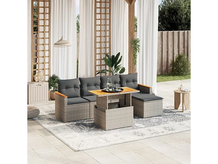 Salon de jardin 6 pcs avec coussins gris résine tressée