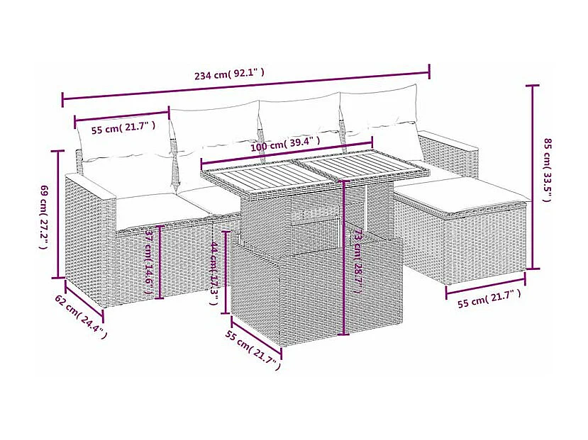 Salon de jardin 6 pcs avec coussins gris résine tressée