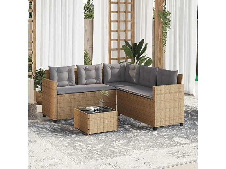 Canapé de jardin avec table et coussins en forme de L beige