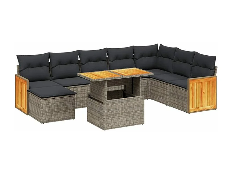 Salon de jardin 9 pcs avec coussins gris résine tressée