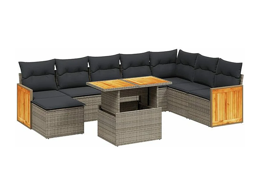 Salon de jardin 9 pcs avec coussins gris résine tressée