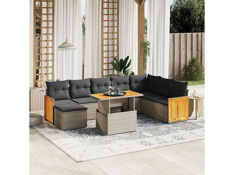 Salon de jardin 9 pcs avec coussins gris résine tressée