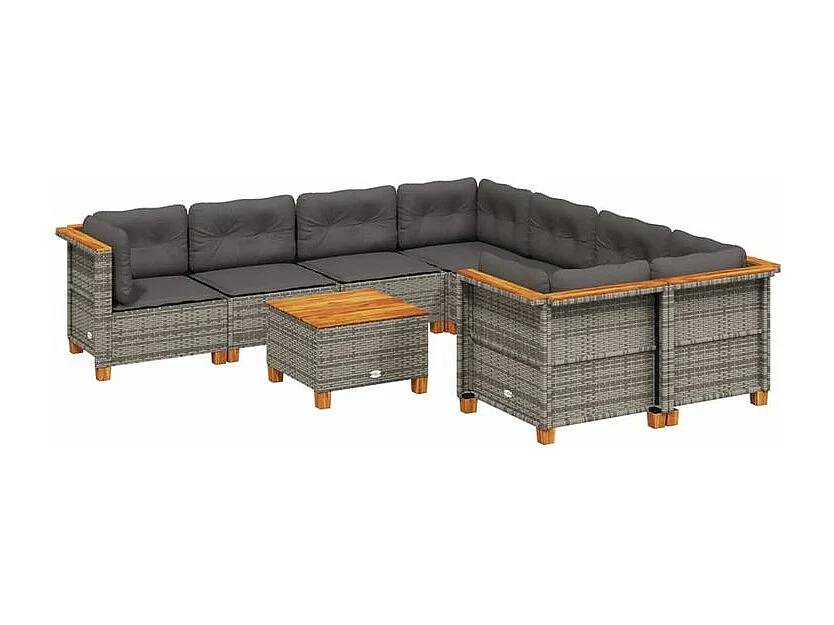 Salon de jardin 9 pcs avec coussins gris résine tressée