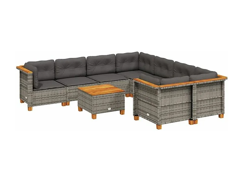 Salon de jardin 9 pcs avec coussins gris résine tressée