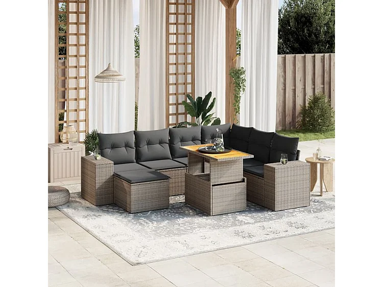 Salon de jardin 8 pcs avec coussins gris résine tressée