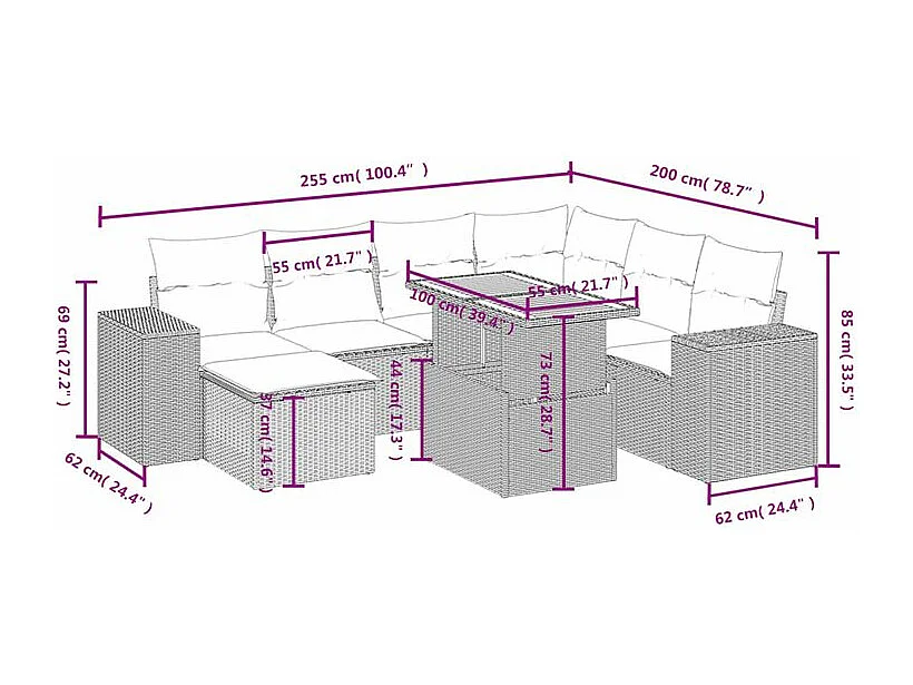 Salon de jardin 8 pcs avec coussins gris résine tressée