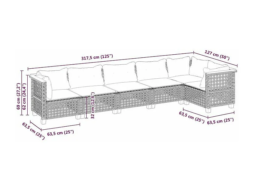Salon de jardin 6 pcs avec coussins noir résine tressée