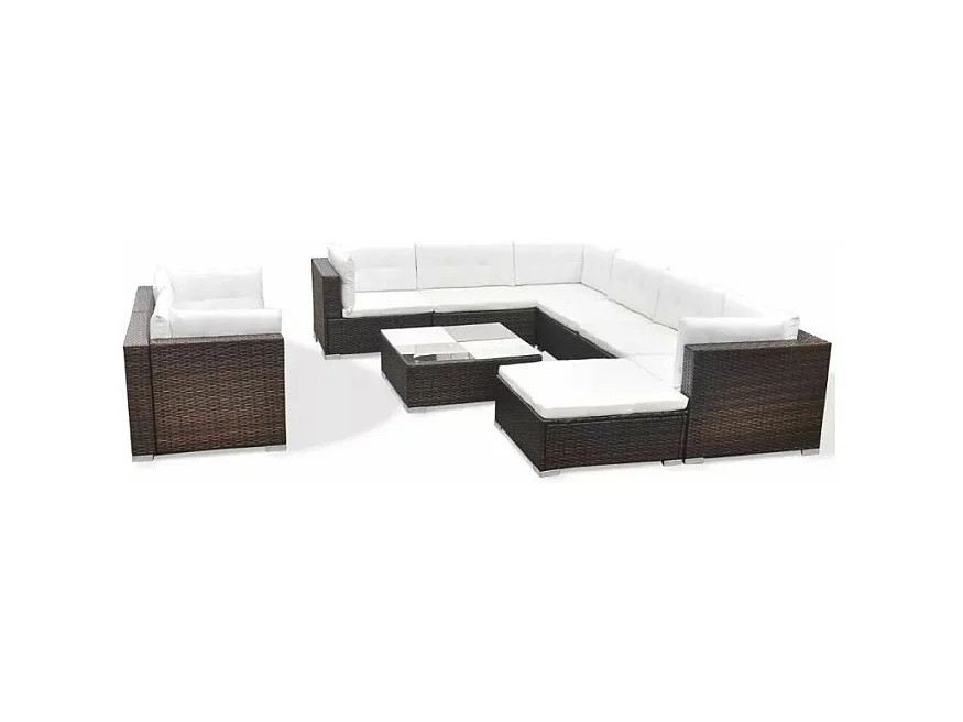 Salon de jardin 10 pièces résine tressée marron coussins blanc Kim