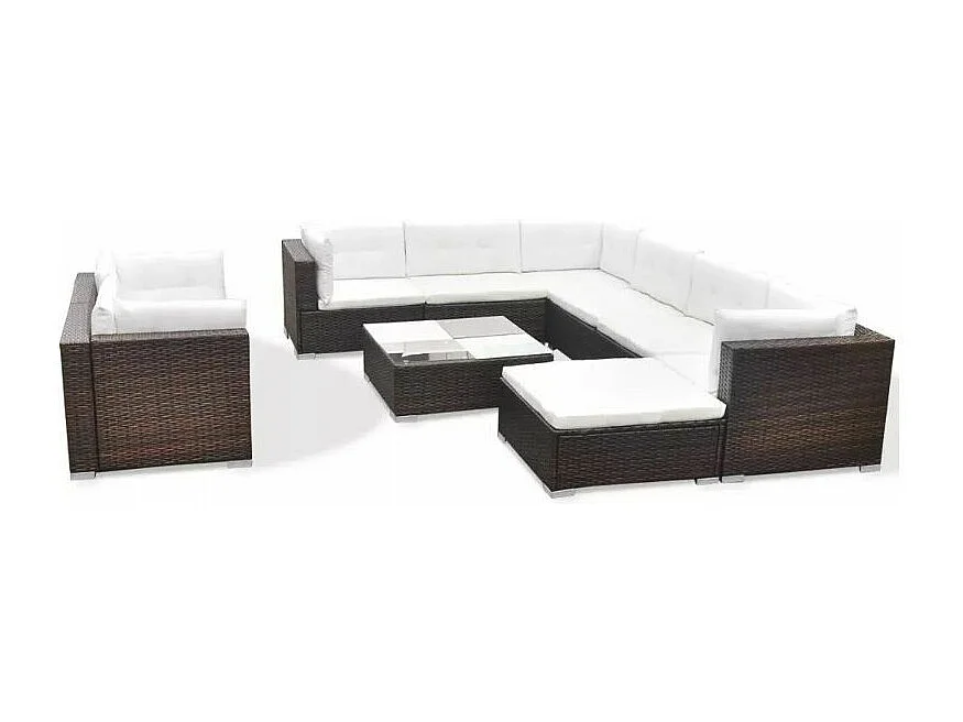 Salon de jardin 10 pièces résine tressée marron coussins blanc Kim