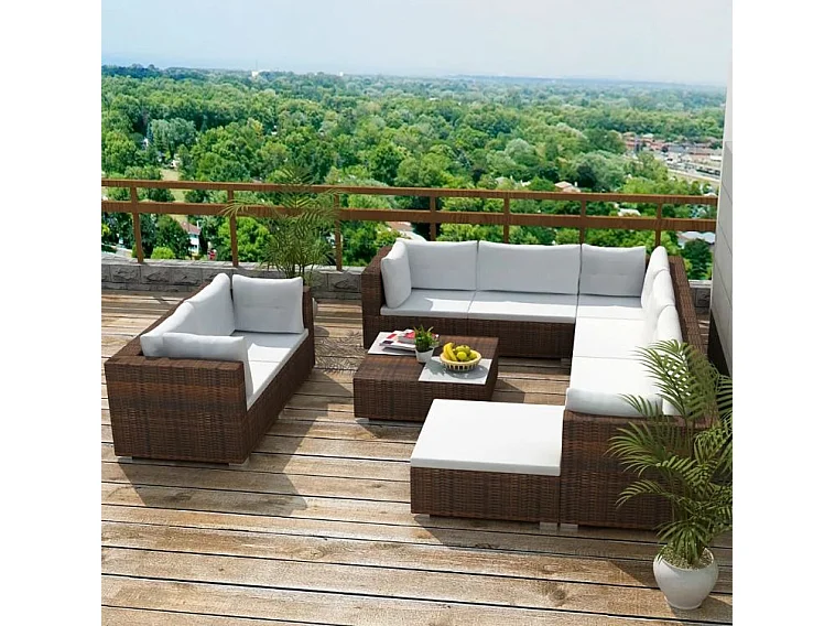 Salon de jardin 10 pièces résine tressée marron coussins blanc Kim