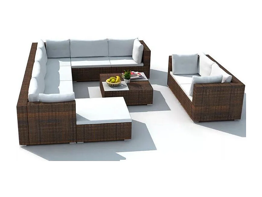 Salon de jardin 10 pièces résine tressée marron coussins blanc Kim