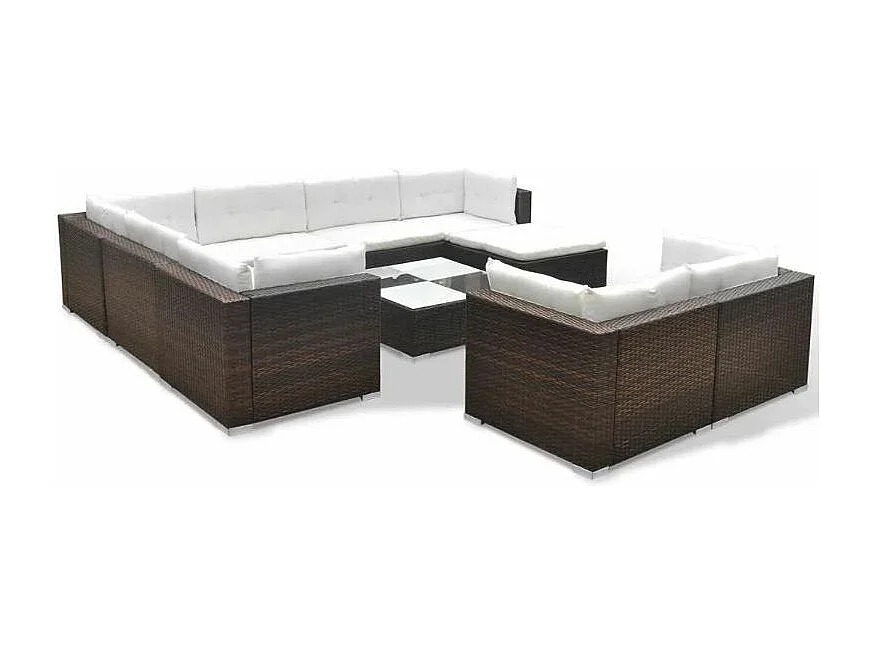 Salon de jardin 10 pièces résine tressée marron coussins blanc Kim