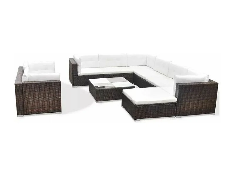 Salon de jardin 10 pièces résine tressée marron coussins blanc Kim