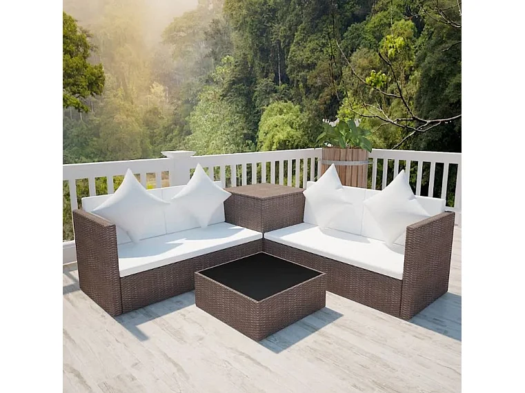 Salon de jardin 4 pièces résine tressée marron et coussins blanc Kim 2