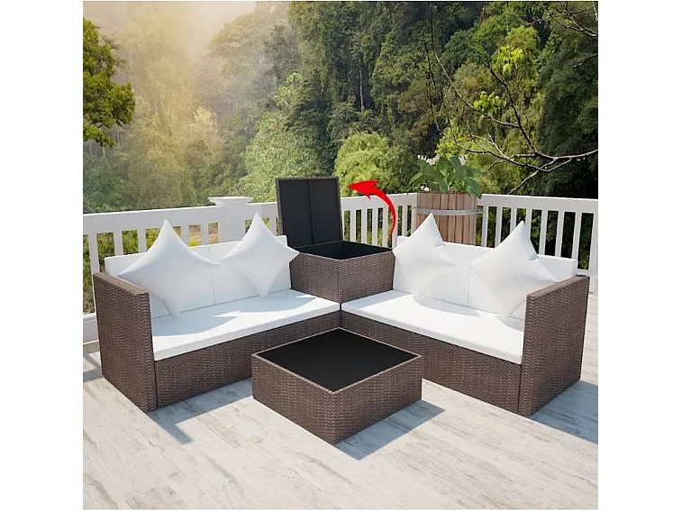 Salon de jardin 4 pièces résine tressée marron et coussins blanc Kim 2