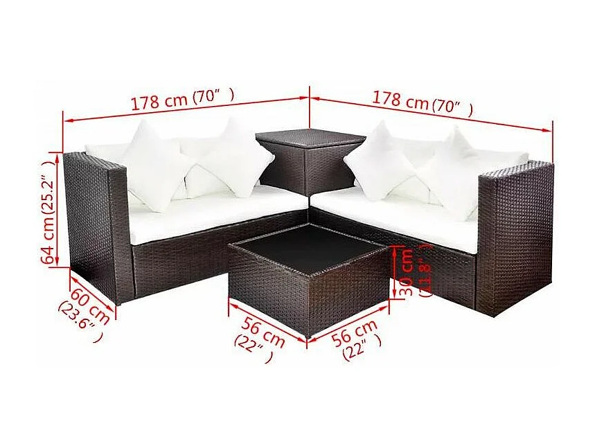 Salon de jardin 4 pièces résine tressée marron et coussins blanc Kim 2