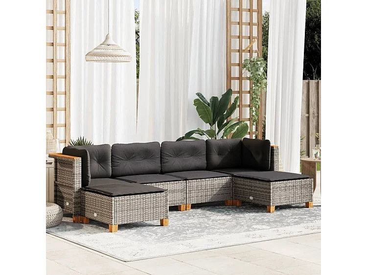 Salon de jardin 6 pcs avec coussins gris résine tressée