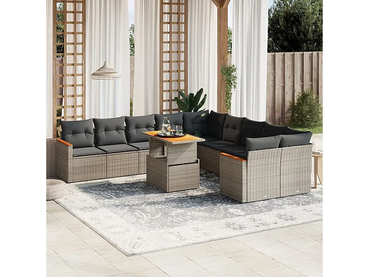 Salon de jardin 11 pcs avec coussins gris résine tressée