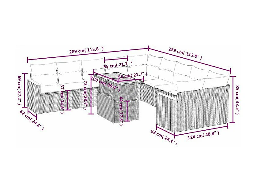 Salon de jardin 11 pcs avec coussins gris résine tressée