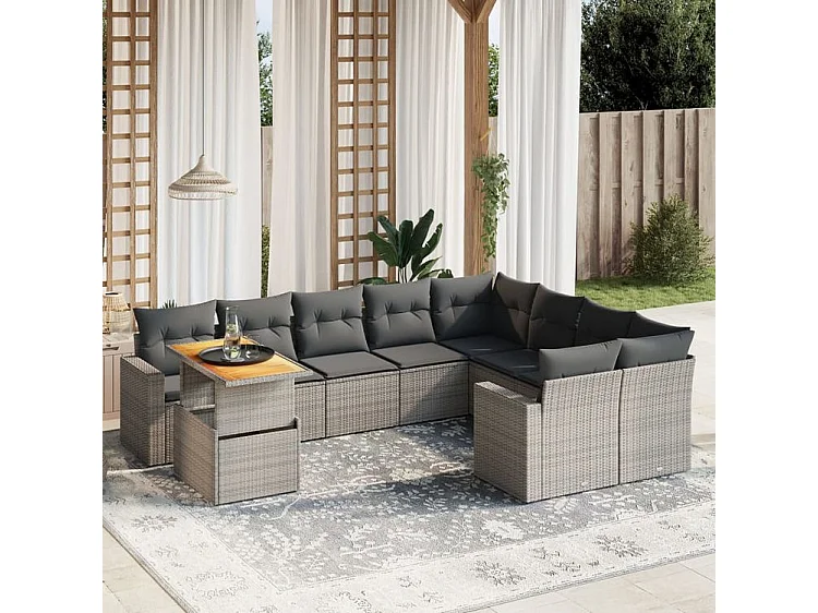 Salon de jardin avec coussins 10 pcs gris résine tressée