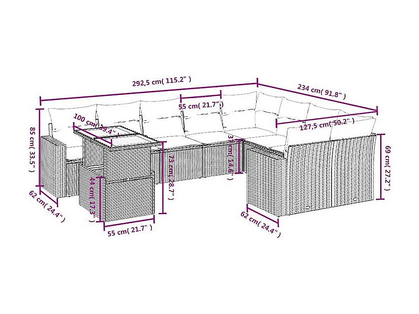 Salon de jardin avec coussins 10 pcs gris résine tressée